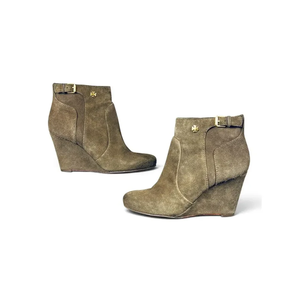 Tory Burch Milan Suede Wedge Ankle Booties River Rock Olive Brown Size 5.5